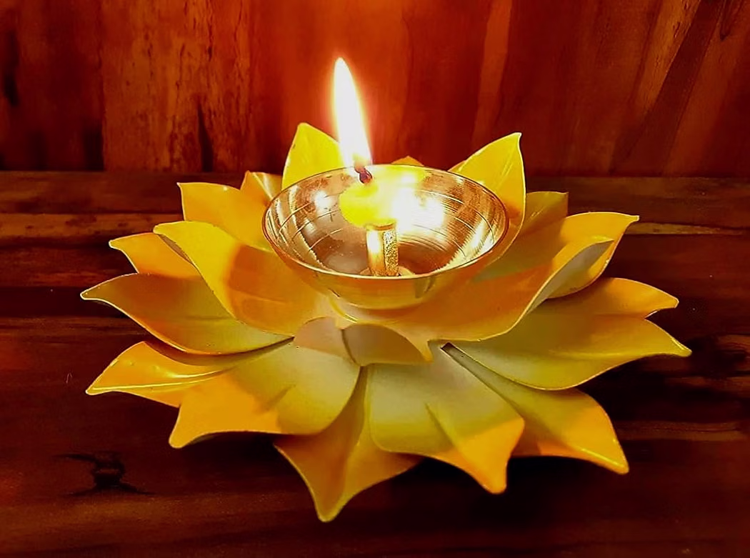 Brass Lotus Diya - Yellow